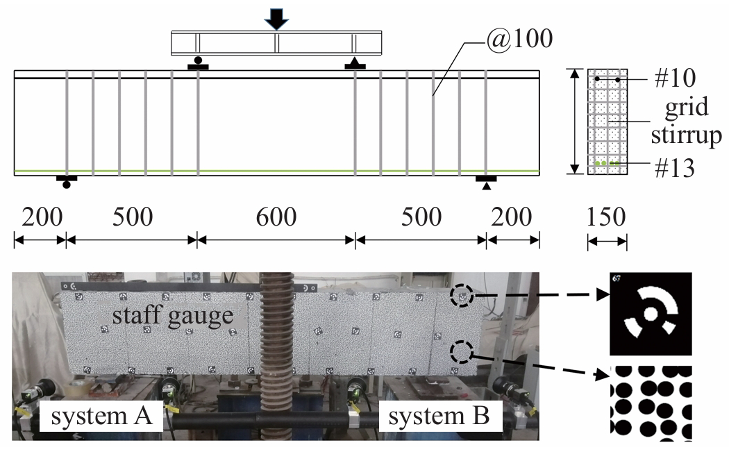 混凝土梁尺寸示意图及实验现场 (单位 mm).png
